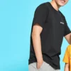 Camisola de malha estampada de manga curta estilo casal Preto